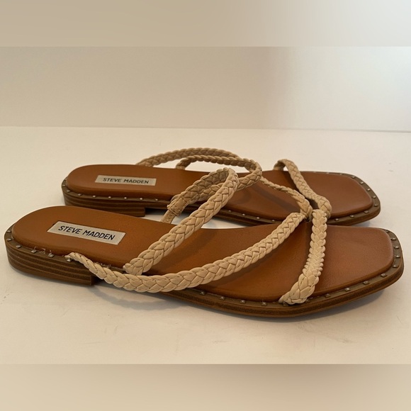 STEVE MADDEN Women's Starie Square Toe Stud Trim Braided Strappy Sandals - Picture 6 of 13